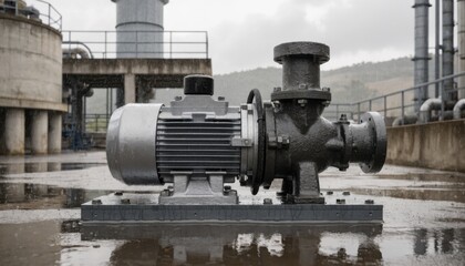 Fototapeta premium Medium shot of a single municipal water pump set on a metal baseplate showcasing factory assembly and mechanical details before installation at a water treatment plant.