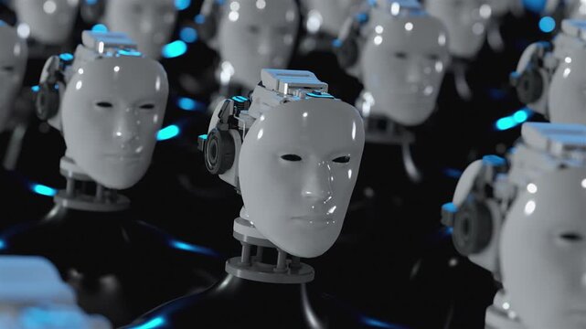 Endless 3d animation loop of humanoid cyborgs. Concept of total control, mass monitoring, privacy loss and futuristic corporate dictatorship.