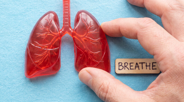 Human hand holding a red plastic lung model with a 'Breathe' sign on a blue fabric background, studio shot