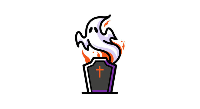 Spooky Halloween Ghost Rising from Burning Tombstone Icon