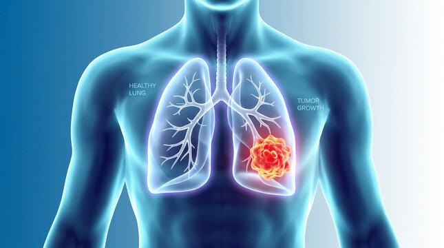 3D render of human torso with healthy lung and lung cancer tumor growth illustration on blue background