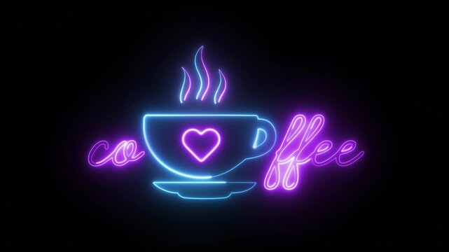Blue Purple Neon Coffee Cup Sign Animation with Glowing Steam and Handwritten Coffee Text on Black Background
