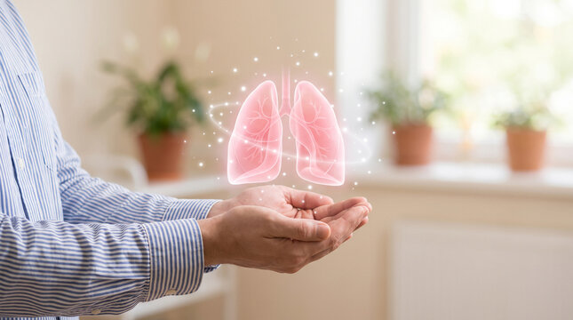 Detailed medical illustration of human lungs showing a healthy lung and a cancerous lung with a tumor, against a soft background
