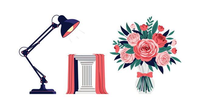 Presentation objects showing a black desk lamp, a small display pedestal with a red cloth, and a rose bouquet.