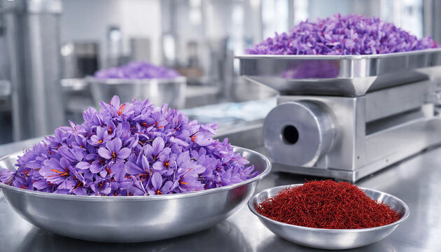 Fresh purple saffron crocus flowers in a metal bowl and dried red saffron threads in another bowl on a stainless steel industrial table surface