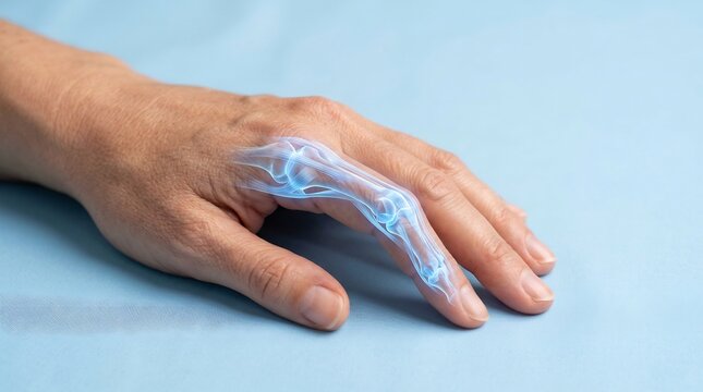 Close-up of a human hand with a digital X-ray overlay showing a swan neck deformity in the finger joint on a blue background