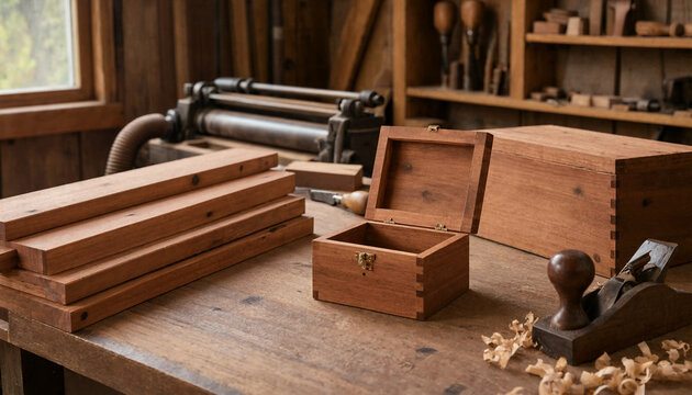 Handcrafted wooden box with dovetail joints on a workbench, surrounded by wooden planks, a hand plane, and wood shavings in a carpentry shop