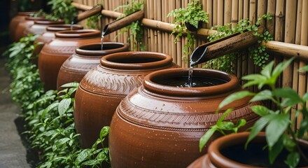 Obraz premium Row of terracotta plant pots in a tranquil garden. Rustic clay containers filled with lush green foliage for outdoor decor.