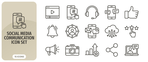 Fototapeta premium Social media communication icon set, thin line style, vector illustration collection of digital marketing, networking, and online interaction symbols for web and mobile apps