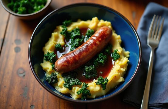 Dutch stamppot meal with mashed potatoes, green kale in blue bowl. Traditional sausage sits atop hearty dish served with brown gravy sauce. Wooden table setting features silver fork plus napkin for