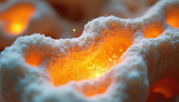 Microscopic view of human bone tissue shows porous spongy structure with glowing marrow cells. Detailed scientific render visualizes internal skeletal anatomy texture. Medical illustration displays