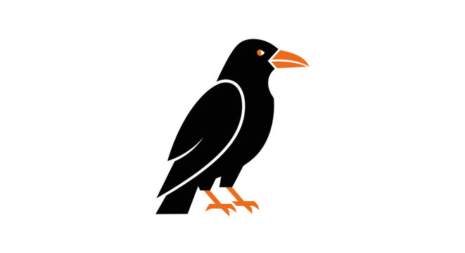Stylized Black Crow Bird with Orange Beak and Eyes on White Background