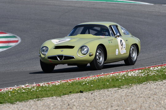 Scarperia, Italy - April 5th 2024: Alfa Romeo Giulia TZ 1964 drive by unknown in action during Mugello Classic 2024 at Mugello Circuit in Italy.