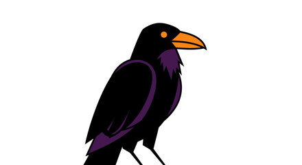 Obraz premium Illustration of a black crow bird with orange eyes and purple accents on white background