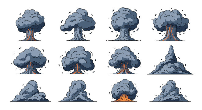 Twelve sequential cartoon frames showing different stages and variations of a dark mushroom cloud explosion with fire glow.