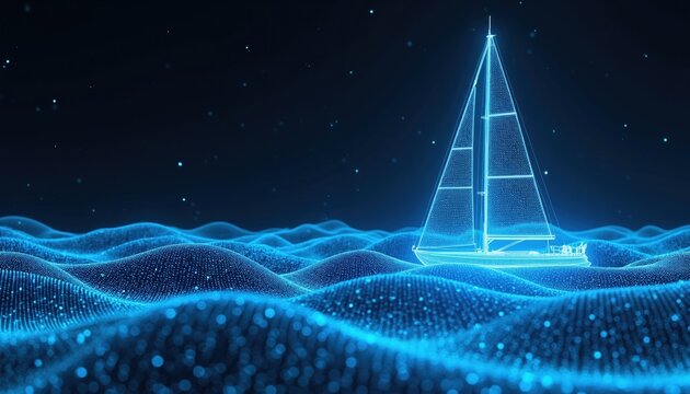 Digital yacht sails on abstract blue wave pattern at night. Neon boat glimmers in dark sea. Futuristic voyage concept with glowing ocean and sky.