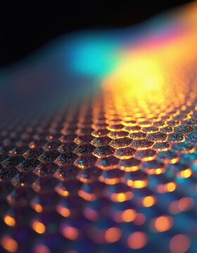 Macro shot of iridescent graphene surface with hexagonal nano pattern. Shiny dark metal material reflects vibrant rainbow light spectrum. Futuristic technology background shows geometric industrial