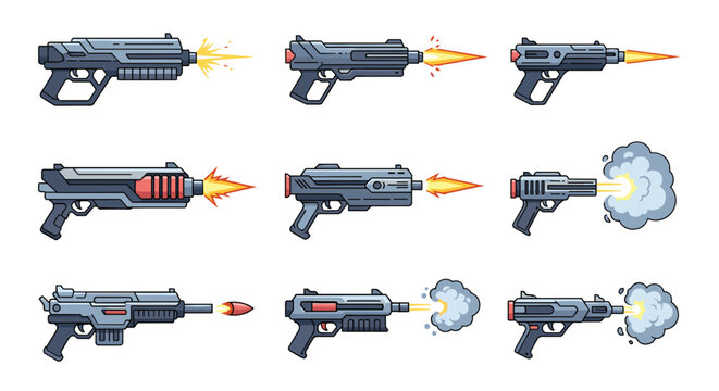 Nine futuristic sci-fi blaster guns firing laser beams, plasma sparks, and smoke clouds on a white background.