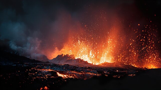 Volcano eruption at night with lava flow.
