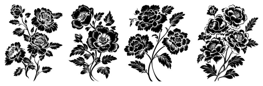 Peony and rose flower bouquets collection in black silhouette floral style