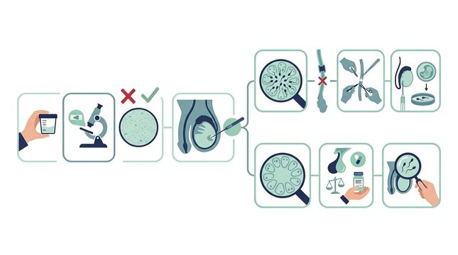 Different elements related to male fertility and azoospermia. It highlights key aspects of sperm health through symbolic illustrations.