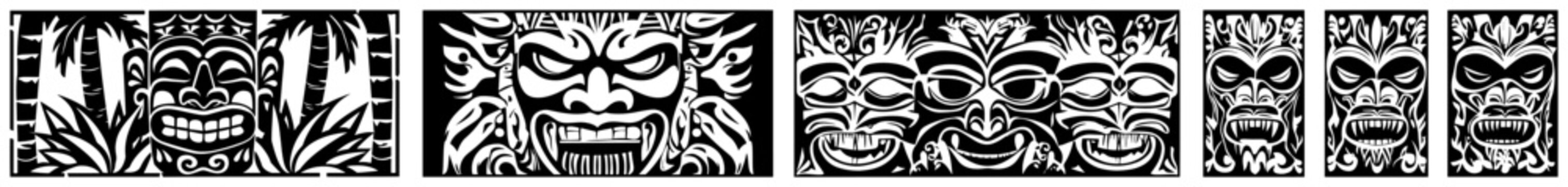 Tiki tribal mask set with palm trees in exotic decorative style
