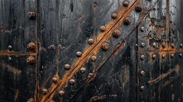 grungy  abstract background design Close-up of rusted metal fence with diagonal wire and bolts in dark setting