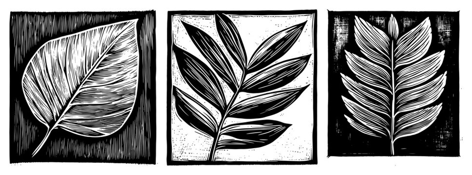 Various tree leaves in square frames with traditional woodcut engraving style