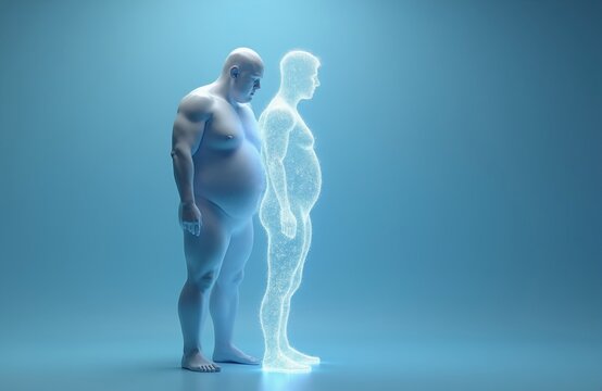 Overweight man shown next to futuristic digital outline of leaner body. Symbolizes weight loss journey, health transformation, or medical conditions like obesity and diabetes.