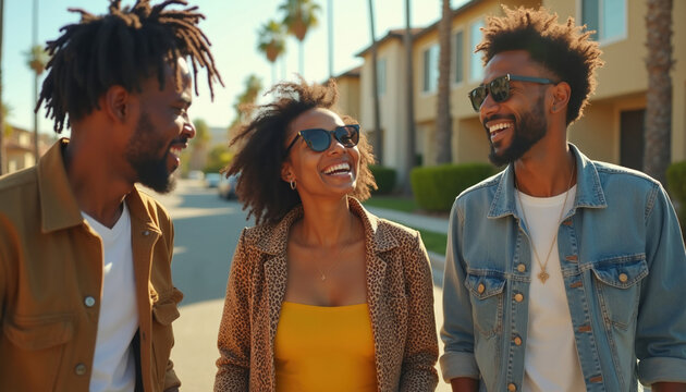 Three friends, two men and a woman, walk down a sunny street talking and laughing. They wear casual outfits and sunglasses, enjoying each others company on a bright day.