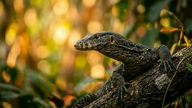 crocodile monitor lizard in new guinea rainforest golden light close up video