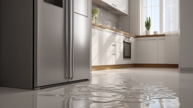 Leaking refrigerator causes water damage on kitchen floor, showing appliance failure, home repair need, and cleanup.