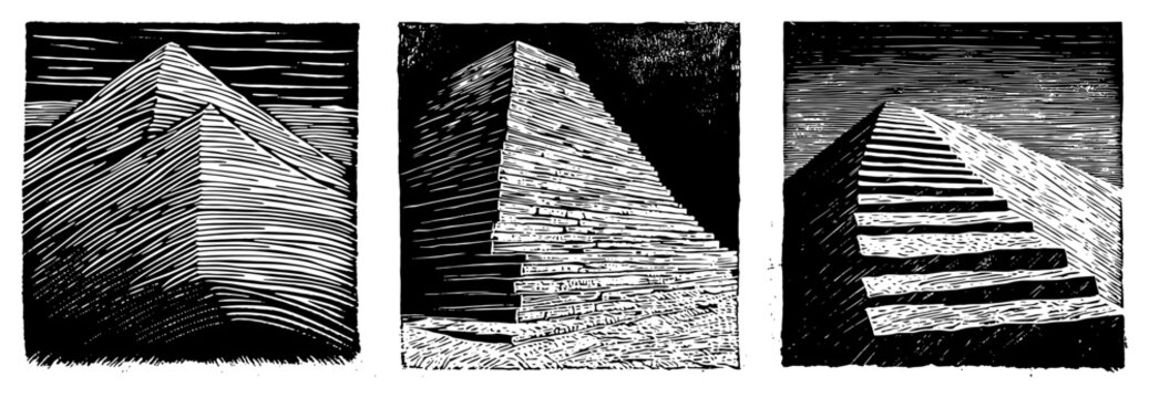 Ancient stepped pyramids and ziggurats set in detailed linocut engraving style