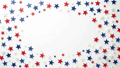 Fototapeta premium Red white and blue stars scattered on white background. Festive star pattern arrangement with copy space. Celebration decoration border design.