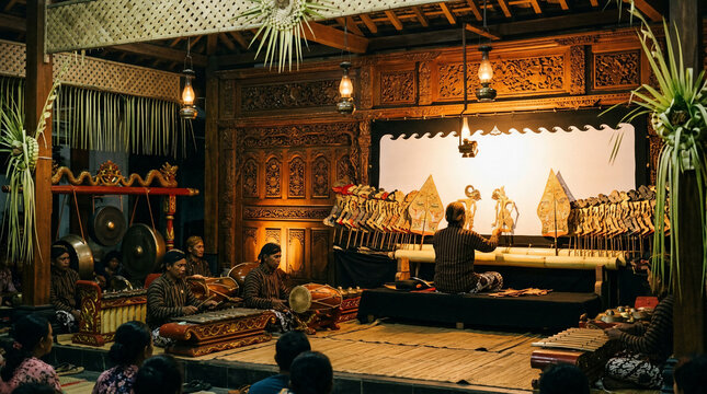 Traditional Indonesian Wayang Kulit shadow puppet performance with live gamelan orchestra and audience