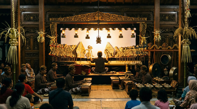 Traditional Javanese Shadow Puppet Performance Featuring a Master Dalang and Gamelan Orchestra in a Historic Indonesian Wooden Pavilion