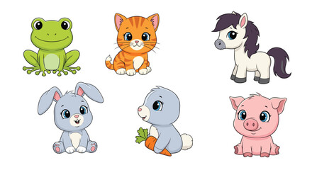 Obraz premium Cheerful collection of cute cartoon baby animals including a frog, cat, horse, bunny, hamster, and a little pig.