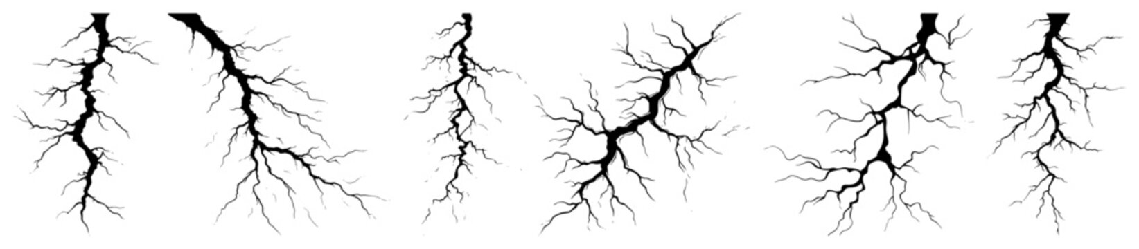 Electric lightning strikes and fissure lines collection in graphic minimalist style
