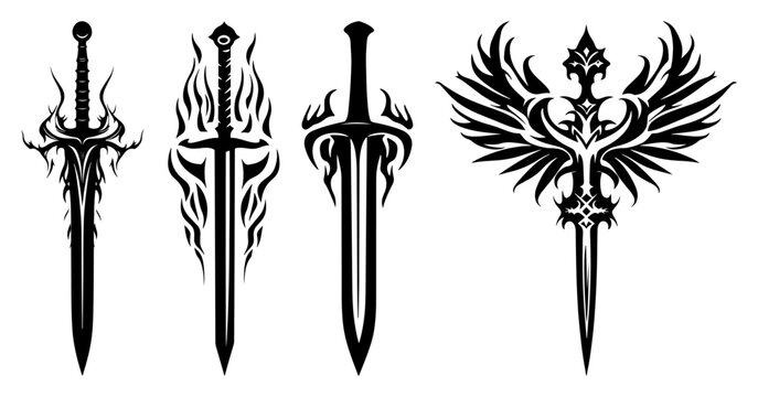 Fantasy swords and phoenix dagger emblems in sharp tribal graphic style