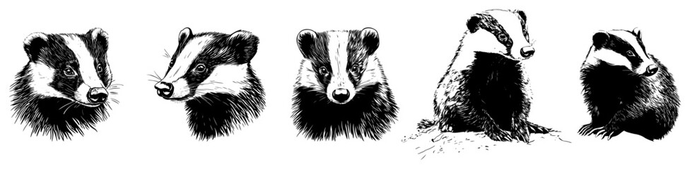 Obraz premium Badger wild animals collection in detailed sketch style