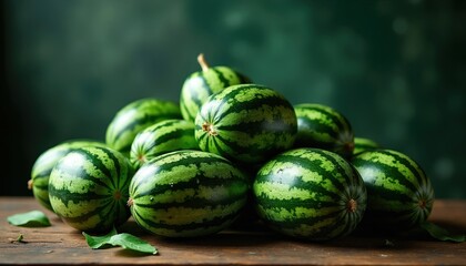 Obraz premium Pile of small fresh green striped mini watermelons with stems sits on rustic dark wooden table surface. Group of raw organic farm fruits ready for summer diet sale. Healthy vegetarian snack food