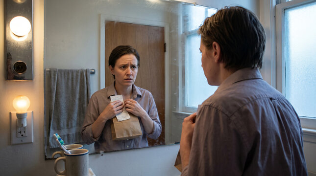 Private Spending Guilt Reflected In Early Morning Bathroom Mirror