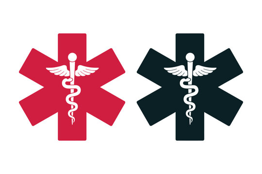 Star Of Life Icon Set In Black, Blue, And Red, Medical Emergency, Ambulance, EMS, EMT, Rescue, And Healthcare Symbols, Modern Minimal Vector Collection For Hospitals, Clinics, And Safety Design.