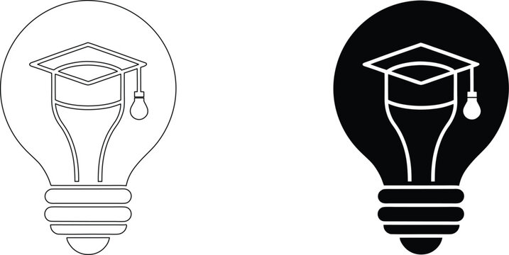 Education light bulb vector icon in outlines and glyph style, creative idea with graduation hat in a line and filled style.
