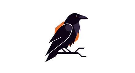 Obraz premium Stylized black raven with orange accent on branch, isolated on white