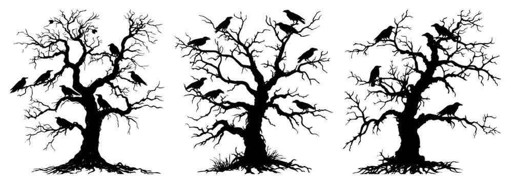 Spooky dead trees with perched ravens and crows in black silhouette style