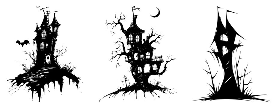 Haunted house silhouettes with crooked towers for halloween theme