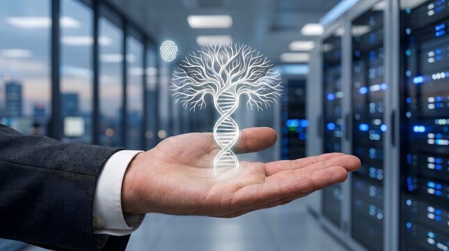 A person's hand holds a DNA tree in a server room.