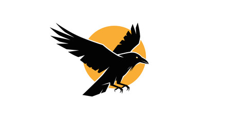 Obraz premium Black crow bird flying in front of orange circle sun, isolated on white background
