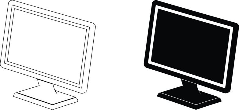 Line art and solid black icon of computer monitor, representing technology and digital display, transparent background.